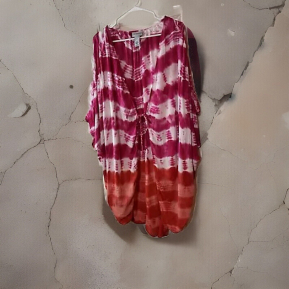 2X/3X Catherines Cool Hippie Pink N Orange Tie Dyed Shell Coverup Or Duster - Picture 6 of 10